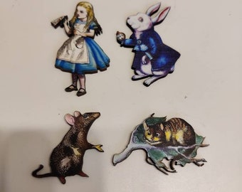 4 x Alice in Wonderland Wooden Brooches - Alice, White Rabbit, Cheshire Cat