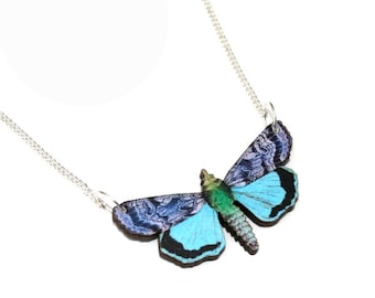Op de afbeelding: Een zilveren ketting met een blauwe, groene en zwarte vlinder hanger.