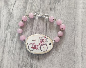 Pink Bicycle Bracelet, Flower Bracelet, Bicycle Bar Bracelet