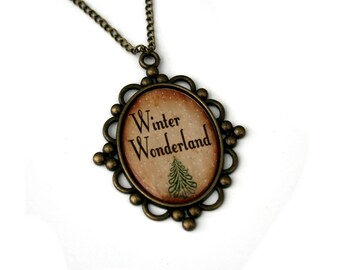 Winter Wonderland, Christmas Song Cameo Necklace, Xmas Illustration, Stocking Stuffer