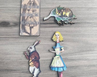 4 x Alice in Wonderland Wooden Brooches - Alice, White Rabbit, Cheshire Cat