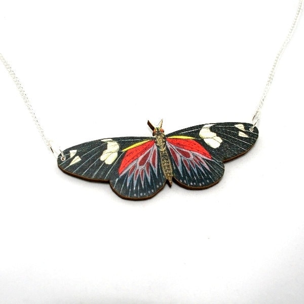 Black & Red 'Doris Longwing' Butterfly Necklace, Wood Pendant, Illustration Jewelry, Woodland, Animal Necklace, Wood Jewelry