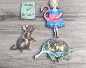 4 x Alice in Wonderland Wooden Brooches - Alice, Cheshire Cat