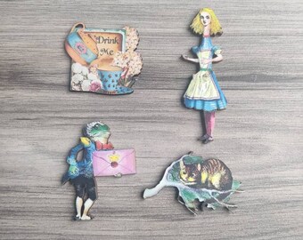 4 x Alice in Wonderland Wooden Brooches - Cheshire Cat, Alice, Frog Footman