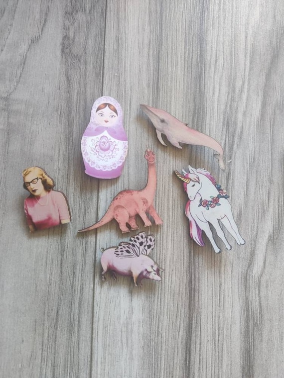 x Spille di legno Rosa, Animale, Balena, Dinosauro, Maiale