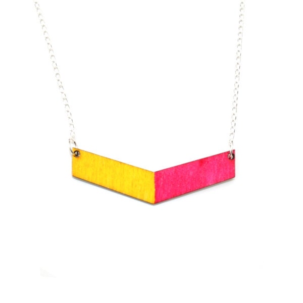 Chevron Necklace, Yellow and Pink Painted Wood Chevron