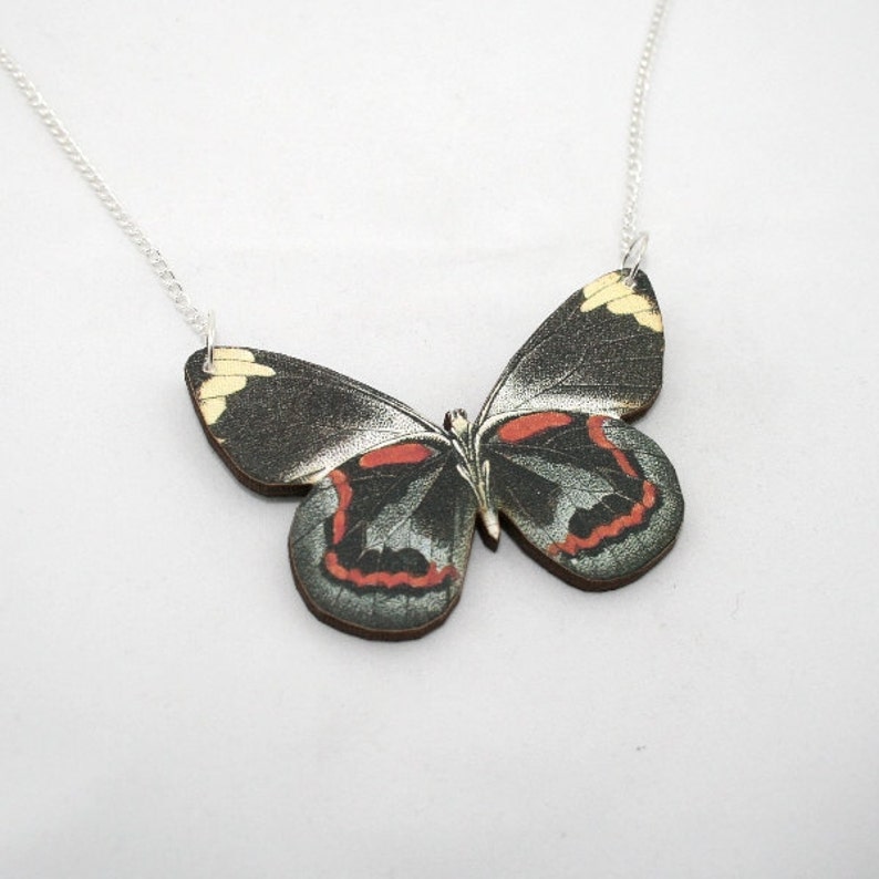 Black & Red Butterfly Necklace, Black Jezebel Necklace, Wood Pendant, Illustration Jewelry, Woodland, Animal Necklace, Wood Jewelry image 2