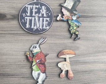 4 x Alice in Wonderland Wooden Brooches - White Rabbit, Mad Hatter, Tea Time