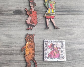 4 x Alice in Wonderland Wooden Brooches - Cheshire Cat, Queen of Hearts