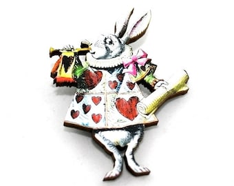 Herald Rabbit Alice In Wonderland Brooch Tenniel Illustration, Wood Jewelry