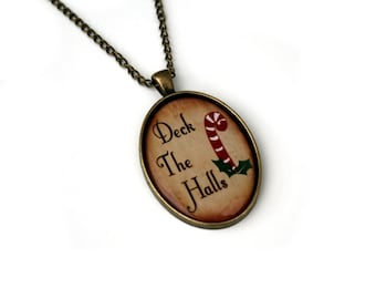 Deck The Halls Necklace, Christmas Song Cameo Necklace, Xmas Illustration, Stocking Stuffer