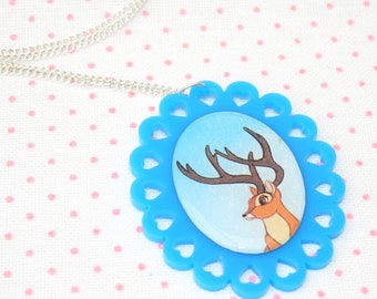 SALE Deer Necklace, Bambi Illustration Necklace OOAK, Woodland, Animal Necklace