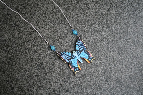 OOAK Blue Butterfly Necklace, Wooden Butterfly, Illustration