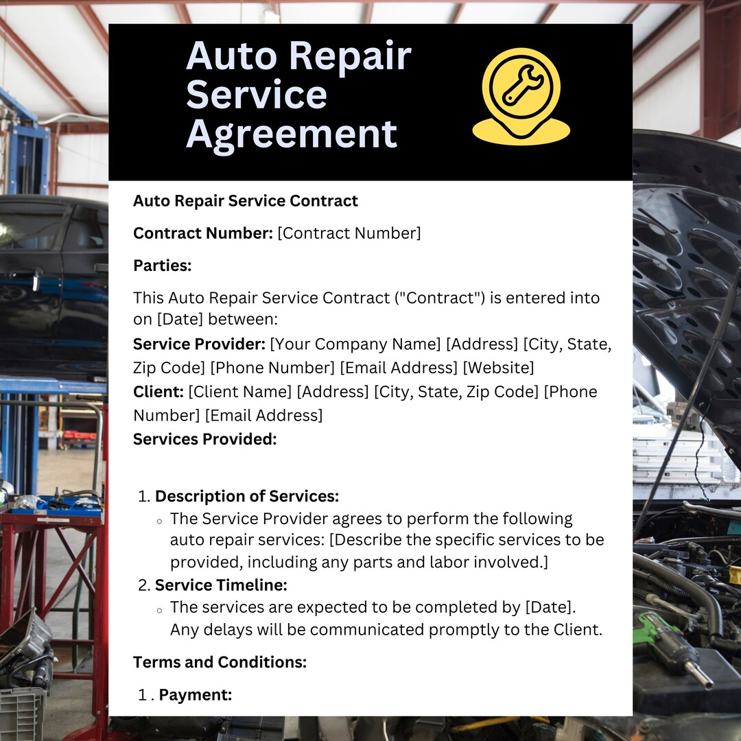 Auto Repair Service Agreement Template • Vehicle Maintenance Contract Auto Repair Service Agreement Template • Vehicle Maintenance Contract