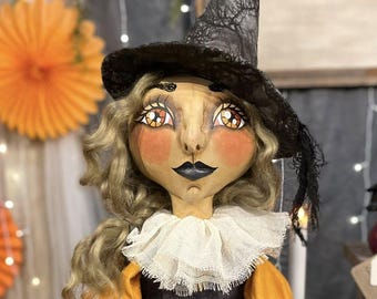 Beautiful Blonde Witch with Ferret Familiar -- One of a Kind Handpainted Halloween Folk Art Doll