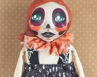 Redhead Day of the Dead Sugar Skull Skeleton Halloween Doll or Paperclay and Cloth Sculpture, OOAK, Whimsical Kentucky Folk Art
