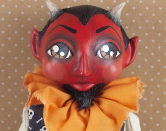 Cute Red Devil with Horns & Goatee Halloween Doll or Paperclay and Cloth Sculpture, OOAK, Whimsical Kentucky Folk Art