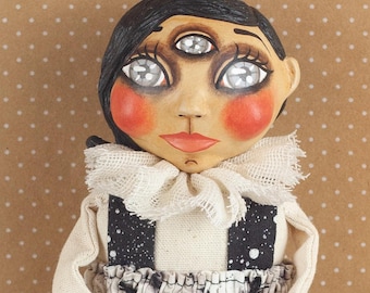 Mystical 'Seer' Psychic Third Eye Halloween Doll or Paperclay and Cloth Sculpture, OOAK, Haunting, Outsider, Whimsical Kentucky Folk Art