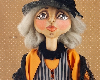 Proper Gray Haired Sophisticated Witch, Crone, OOAK Halloween Whimsical Folk Art Doll, Cloth Sculpture, Soft Sculpture Handmade from Scratch