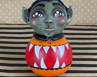 Green Vampire with Big Teeth Halloween One of a Kind Kentucky Made Folk Art Doll or Sculpture