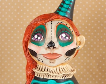 Halloween Day of the Dead Red Headed Skeleton Doll or Paperclay Sculpture Turquoise Ribcage Whimsical OOAK Folk Art