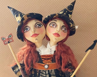 Conjoined Twin Red Headed Witches with Moth and Raven Totems Soft Sculpture Doll -- One of a Kind Handpainted Halloween Folk Art Doll