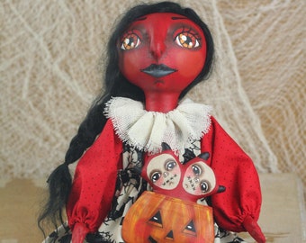 Red Devil with Conjoined Twin Demons -- One of a Kind (OOAK) Halloween Folk Art Doll Soft Sculpture