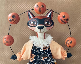 Masked Halloween Red Fox Doll or Soft Sculpture Juggling Clay Pumpkins -- One of a Kind Handpainted Folk Art Doll