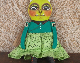 Green Goblin Halloween Soft Sculpture Folk Art Doll (Li'l Critter) OOAK Sweet Whimsical