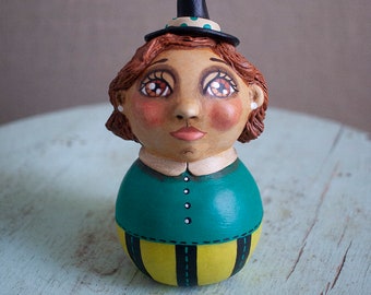 Sweet OOAK Witch in Turquoise, Lime and Black Paperclay Sculpture Folk Art Doll Collectible Handpainted, Handsculpted