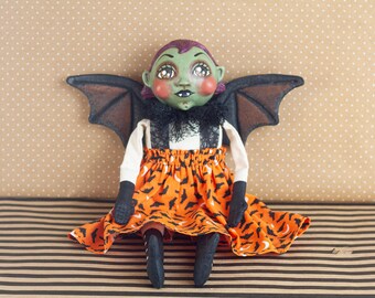 Sweet Green Skinned Purple Haired Vampire Bat Halloween Doll or Paperclay and Cloth Sculpture, OOAK, Whimsical Kentucky Folk Art