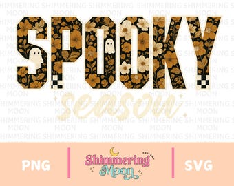 Temporada espeluznante PNG SVG / Clipart de fantasma de Halloween retro / Diseño de sublimación floral de otoño / Letras de tablero de ajedrez vintage con estilo