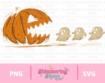 Calabaza fantasma de Halloween, clipart, Pacman, Jack O'Lantern, SVG, PNG, descarga digital divertida, retro y espeluznante, diseño de sublimación de camisetas de Halloween