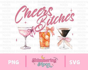 Lazo de cinta de coqueta rosa Cheers Bitches PNG, lazo de coqueta rosa pastel, sublimación, Cricut, PNG femenino, PNG de bebidas, lindo círculo de moda png