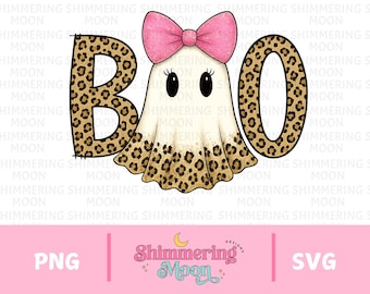 Fantasma con estampado de leopardo BOO SVG PNG / Lindo clipart de Halloween / Fantasma retro con lazo / Archivo de corte de Cricut y silueta / Descarga digital