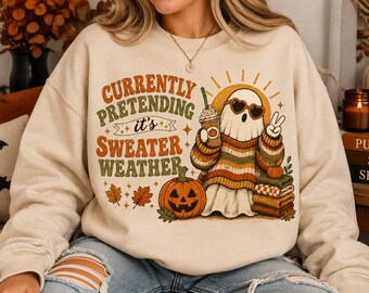 PNG de clima de suéter, diseño retro de fantasma otoñal, sublimación de Halloween con especias de calabaza