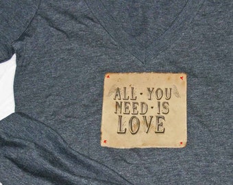 All You Need Is Love T-Shirt- Charcoal Women's Deep V Inspirational Love Yourself Patch, Honeymoon Print Shirt