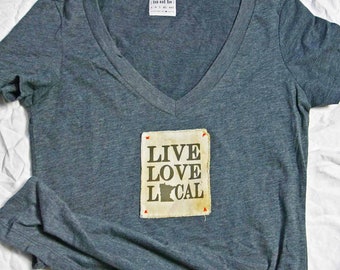 Minnesota Live Love Local T-Shirt- Charcoal Women&#39;s Deep V Neck Shop Local Made In Minnesota Patch Print Shirt