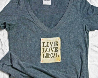 Minnesota Live Love Local T-Shirt- Charcoal Women's Deep V Neck Shop Local Made In Minnesota Patch Print Shirt