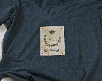Paris 1896 Crown T-Shirt-Charcoal Deep V Neck Architecture Art French Travel Laurel Wreath Garden Typography Clothing Shirt