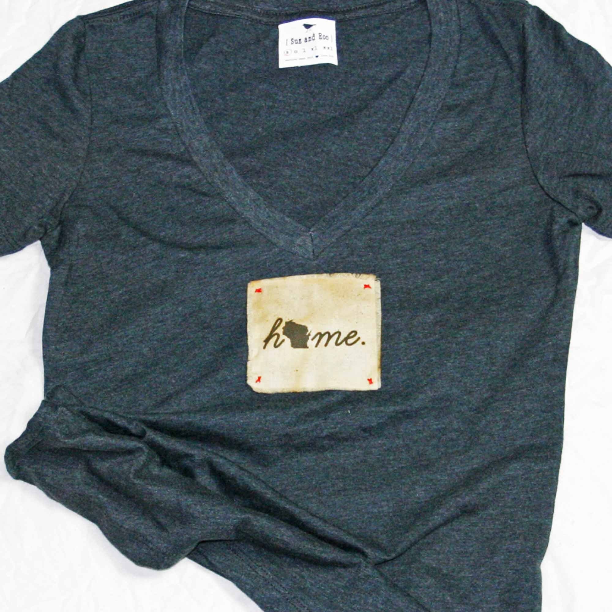Wisconsin Home T-Shirt- Charcoal Women's Deep V Neck Love Wisconsin Badger Pride Print Shirt