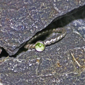 August Birthstone Ring- Peridot Stackable Sterling Silver, Dainty Bezel Set Twisted Rope Ring