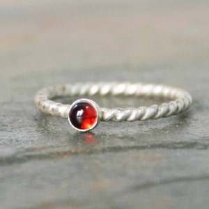 Birthstone Sterling Silver Ring, Bezel Set Garnet, January, Dainty Stackable Twisted Rope, Birthday Gift, Mother's image 1