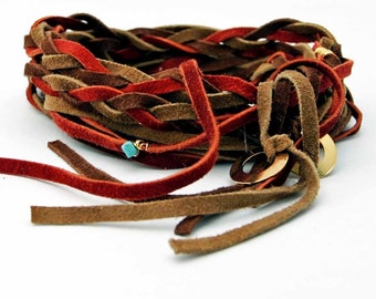 Suede Braid Wrap Bracelet Rust, Brown and Tan "Bohemian Rhapsody" Suede Braid Necklace