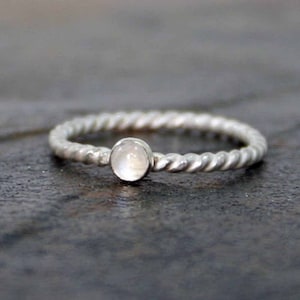 June Birthstone Ring- Moonstone Stackable Sterling Silver, Dainty Bezel Set Twisted Rope Ring