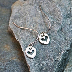 Tiny Heart Earrings- Cutout Hearts Sterling Silver Dangle Hook Earrings, Delicate Organic Disk Small Drop