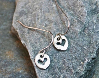 Tiny Heart Earrings- Cutout Hearts Sterling Silver Dangle Hook Earrings, Delicate Organic Disk Small Drop