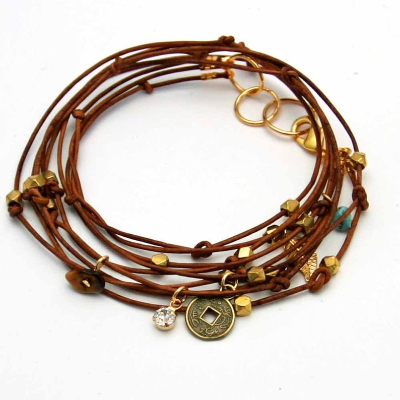 Leather Wrap Bracelet With Charms Tan cameron Ii Beaded Leather Wrap