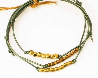 Beaded Leather Bracelets, Ocean Green, Set of 3 Friendship Bracelets, Sundance Jewelry, Adjustable
