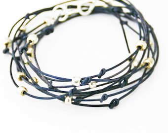 Beaded Leather Wrap Bracelet Indigo and Silver "Cameron" Sundance Jewelry